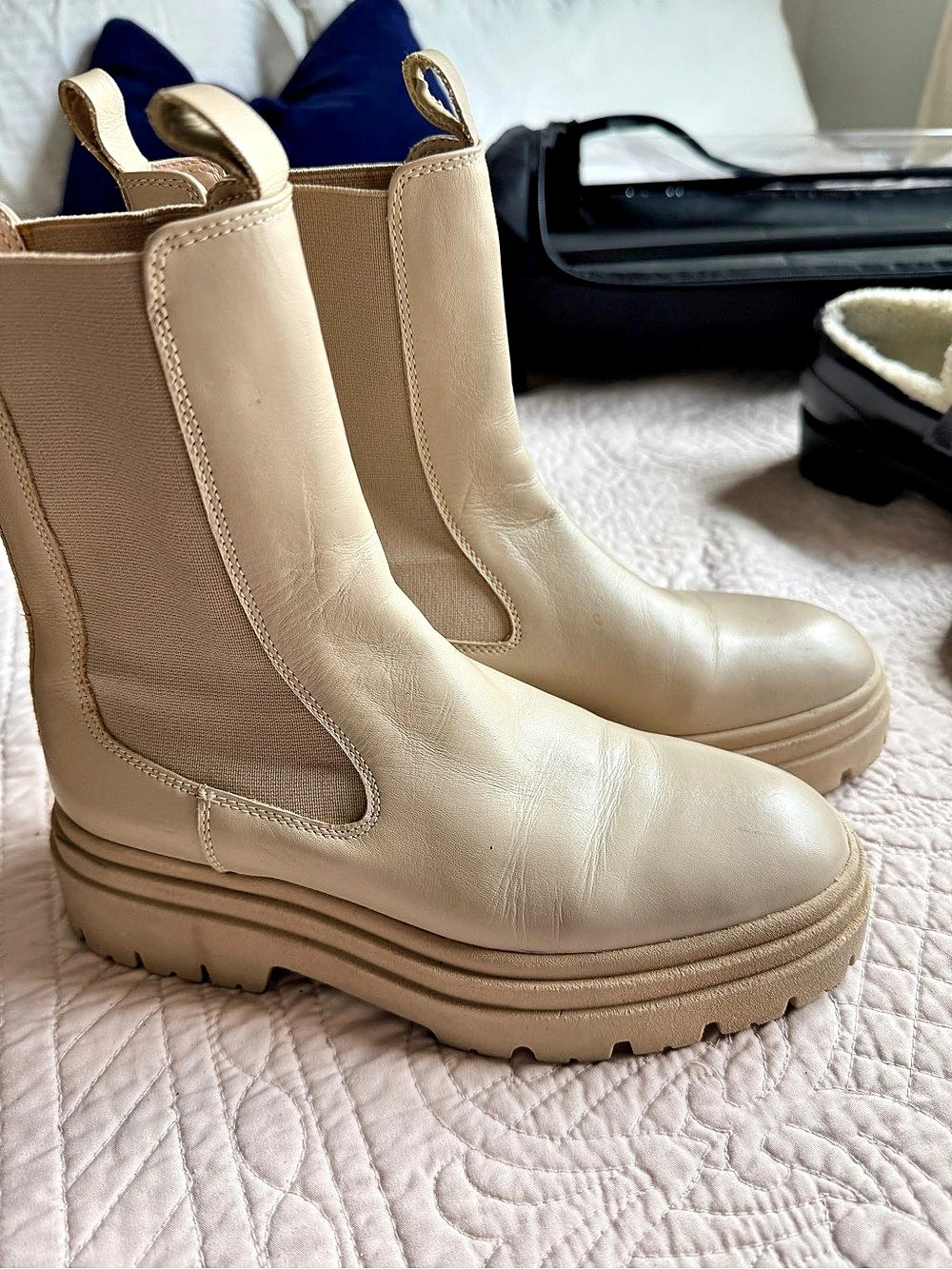 Zara Flat Leather Ankle Boots with Track Soles Women's Platform Chelsea Boots in